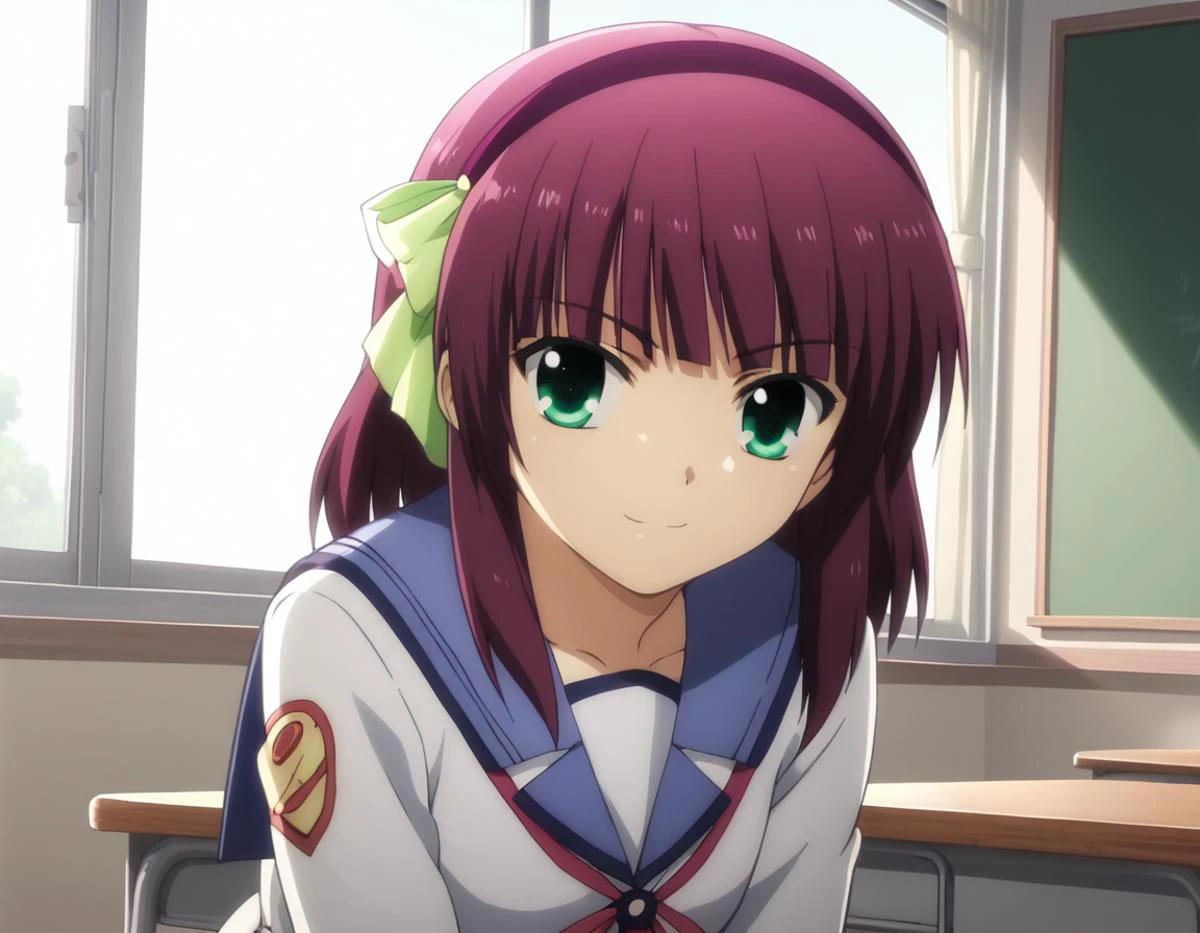 score_9, score_8_up, score_7_up, source_anime,
yurinakamura, <lora:yuri-nakamura-s1-ponyxl-lora-nochekaiser:1>,
yuri nakamura, short hair, green eyes, purple hair, hairband,
skirt, thighhighs, school uniform, serafuku, zettai ryouiki,
indoors, classroom, bent over, smile,
looking at viewer, solo, cowboy shot, dutch angle,
