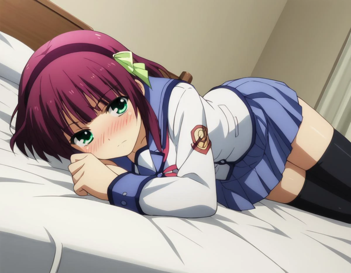 score_9, score_8_up, score_7_up, source_anime,
yurinakamura, <lora:yuri-nakamura-s1-ponyxl-lora-nochekaiser:1>,
yuri nakamura, short hair, green eyes, purple hair, hairband,
skirt, thighhighs, school uniform, serafuku, zettai ryouiki,
indoors, bed, bed room, on side, blush, drunk,
looking at viewer, solo, cowboy shot, dutch angle,