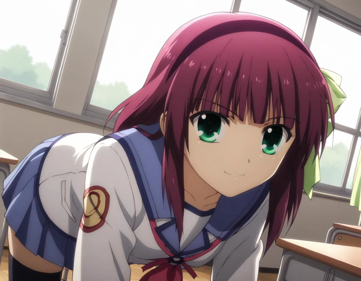 score_9, score_8_up, score_7_up, source_anime,
yurinakamura, <lora:yuri-nakamura-s1-ponyxl-lora-nochekaiser:1>,
yuri nakamura, short hair, green eyes, purple hair, hairband,
skirt, thighhighs, school uniform, serafuku, zettai ryouiki,
indoors, classroom, bent over, smile,
looking at viewer, solo, cowboy shot, dutch angle,