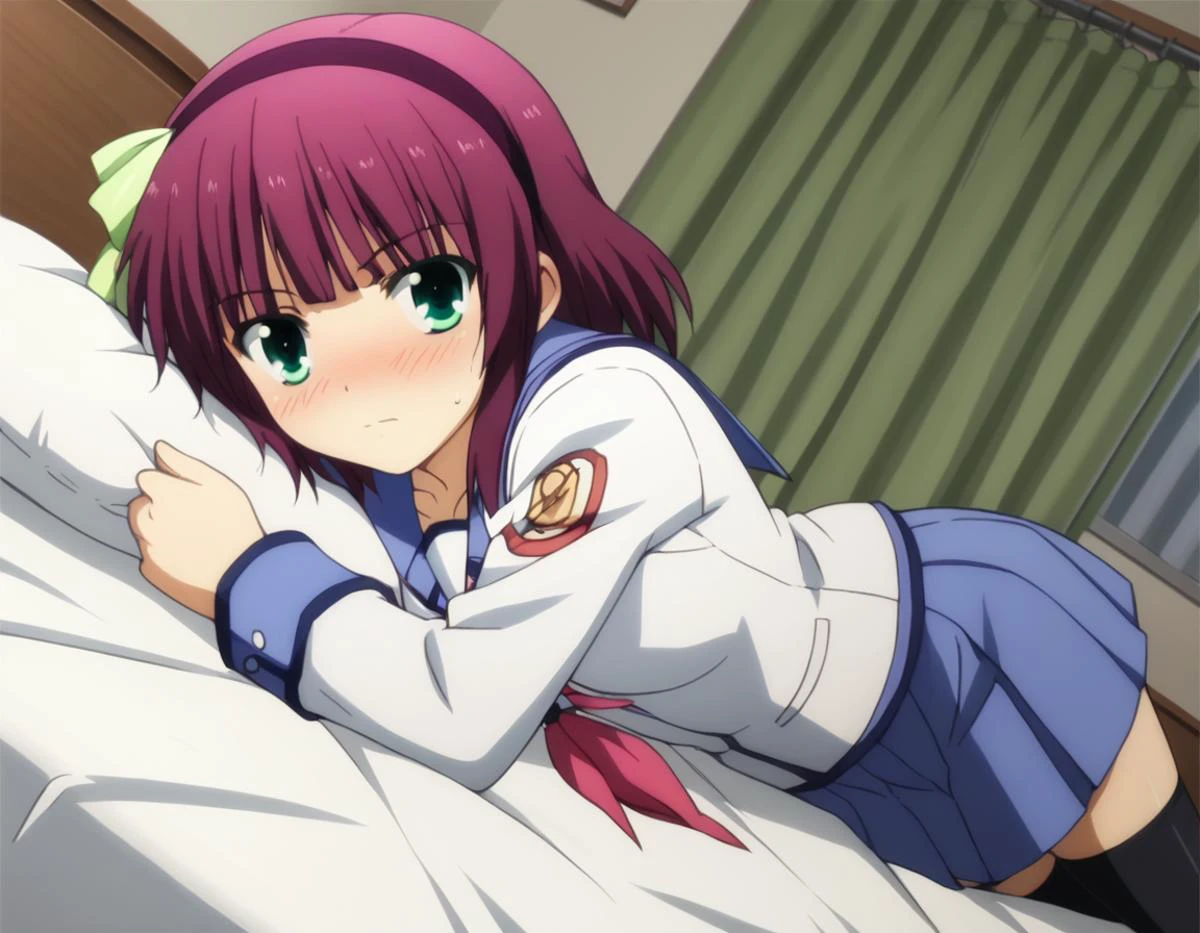 score_9, score_8_up, score_7_up, source_anime,
yurinakamura, <lora:yuri-nakamura-s1-ponyxl-lora-nochekaiser:1>,
yuri nakamura, short hair, green eyes, purple hair, hairband,
skirt, thighhighs, school uniform, serafuku, zettai ryouiki,
indoors, bed, bed room, on side, blush, drunk,
looking at viewer, solo, cowboy shot, dutch angle,