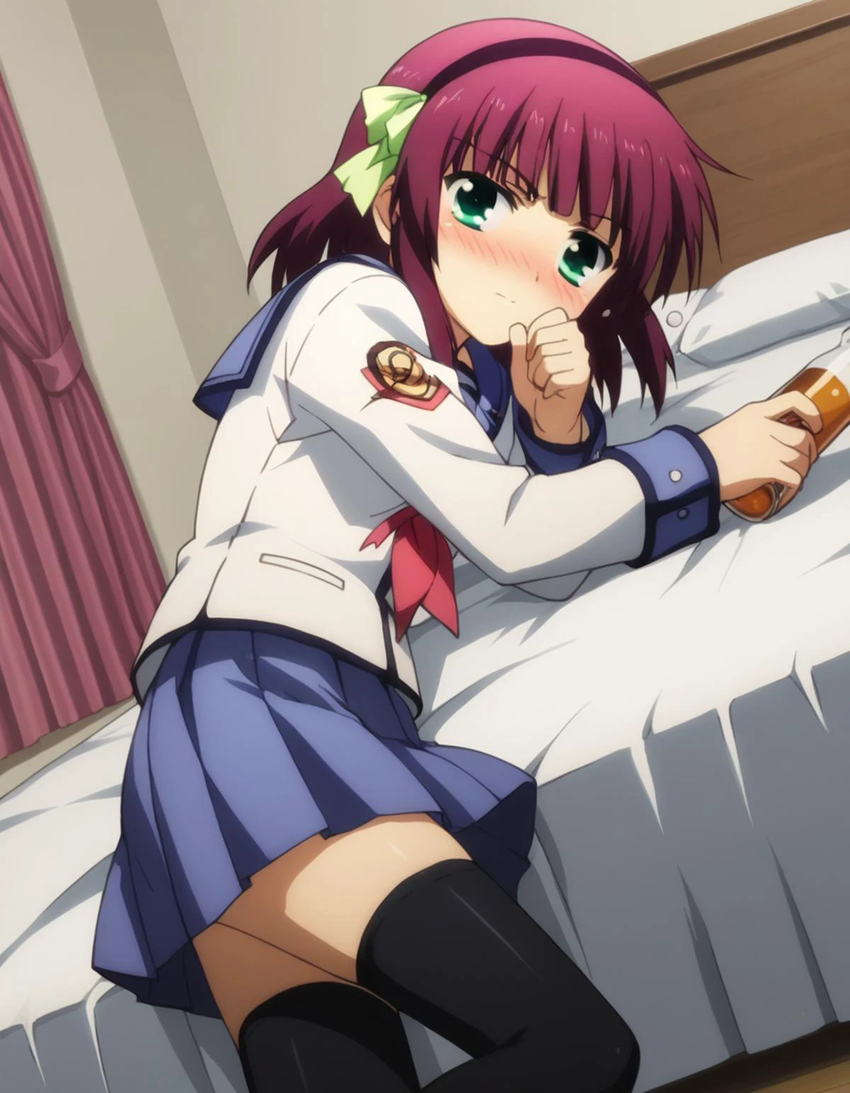 score_9, score_8_up, score_7_up, source_anime,
yurinakamura, <lora:yuri-nakamura-s1-ponyxl-lora-nochekaiser:1>,
yuri nakamura, short hair, green eyes, purple hair, hairband,
skirt, thighhighs, school uniform, serafuku, zettai ryouiki,
indoors, bed, bed room, on side, blush, drunk,
looking at viewer, solo, cowboy shot, dutch angle,