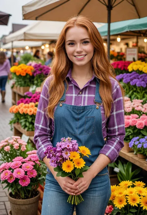 masterpiece, reality, 4k, (medium full shot) of (delightful florist) young woman, spanish, tan skin, light brown eyes, full-figured build, long ginger shag cut hair, wearing a purple checked shirt, denim jeans with floral accents, rain boots with floral prints, eyeshadow, gardening gloves, set in  farmer's Market, various stalls with flowers and plants, a bustling atmosphere with customers, colorful displays of blooms, vendors arranging flowers, a background of chatter and activity, during sunset, woman smiling