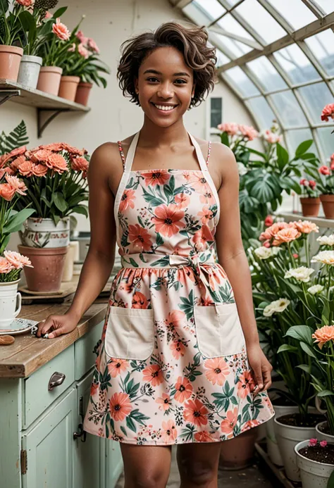 (medium full shot) of (beautiful florist) young woman, south african, dark skin, brown eyes, tiny build, short brown retro hair, wearing a coral floral dress, canvas shoes with floral designs, light blush, apron with floral prints, set in  __cf-florist/location/greenhouse__, woman smiling, ,Masterpiece,best quality, photo, realistic, very aesthetic, detailed face,