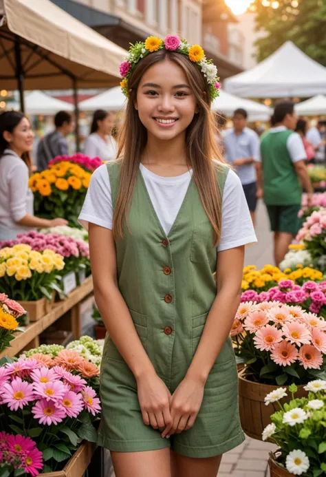 masterpiece, reality, 4k, (medium full shot) of (radiant florist) young woman, philippine, light skin, light brown eyes, normal build, extra long brown hime cut hair, wearing a green gardening vest, linen shorts, flats with floral patterns, light blush, floral headband, set in  farmer's Market, various stalls with flowers and plants, a bustling atmosphere with customers, colorful displays of blooms, vendors arranging flowers, a background of chatter and activity, during sunset, woman smiling