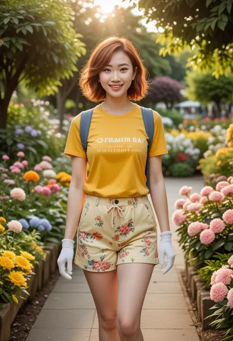 (medium full shot) of (graceful florist) young woman, chinese, fair skin, brown eyes, busty build, medium ginger shag cut hair, wearing a yellow vintage t-shirt with floral print, cotton shorts, wedge sandals with floral accents, light blush, gardening gloves, set in  garden, Public Park, large flower beds arranged in patterns, a walking path with benches, trees providing shade, people strolling and enjoying the flowers, during sunset, woman smiling, Masterpiece,best quality, photo, realistic, very aesthetic, detailed face,