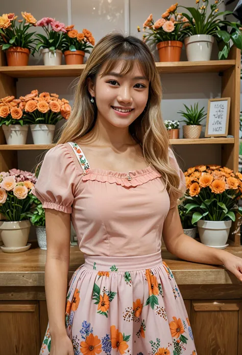 (medium full shot) of (sweet florist) young woman, korean, tan skin, brown eyes, tiny build, extra long blonde curtain bangs hair, wearing a pastel orange lightweight top, maxi skirt with floral patterns, ballet flats, light blush, apron with floral prints, set in  flower Shop Interior, colorful space with shelves of blooming flowers, a wooden counter with a cash register, potted plants in the corners, floral arrangements on display, at night, woman smiling, ,Masterpiece,best quality, photo, realistic, very aesthetic, detailed face,