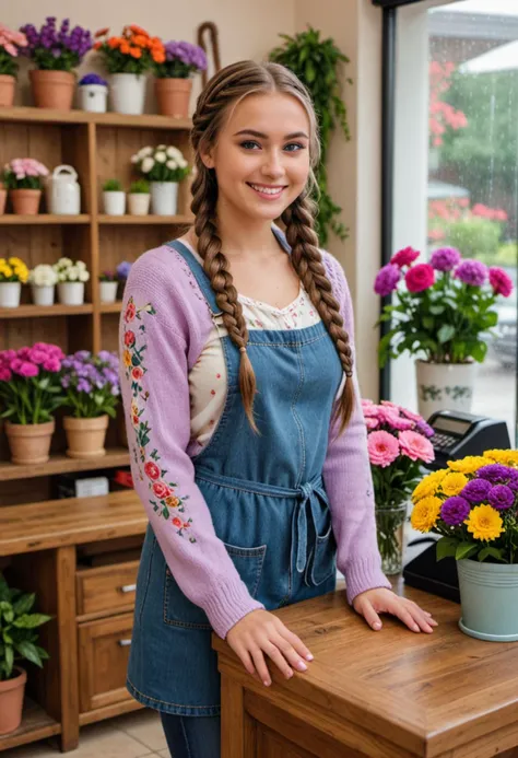 masterpiece, reality, 4k, (medium full shot) of (sweet florist) young woman, brazilian, tan skin, blue eyes, voluptuous build, long dark dutch braid hair, wearing a purple simple cardigan, denim jeans with floral accents, rain boots with floral prints, eyeshadow, apron with floral prints, set in  flower Shop Interior, colorful space with shelves of blooming flowers, a wooden counter with a cash register, potted plants in the corners, floral arrangements on display, woman smiling