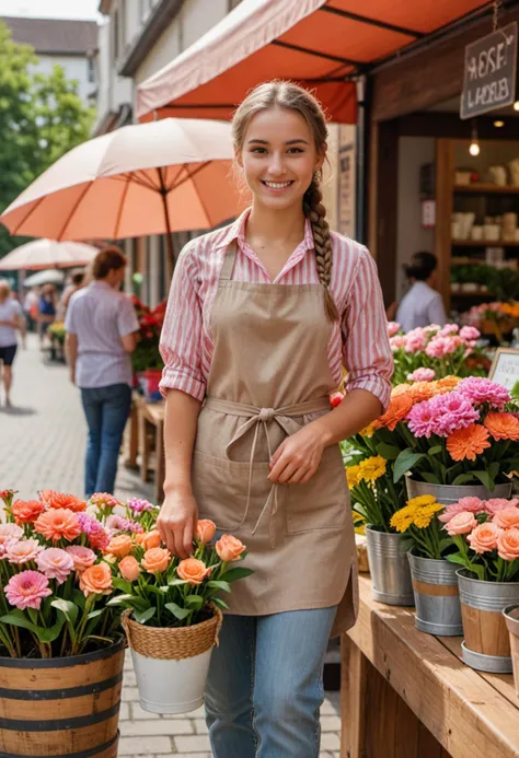 masterpiece, reality, 4k, (medium full shot) of (pleasant florist) young woman, german, tan skin, light brown eyes, busty build, long brown french braid hair, wearing a coral striped shirt, linen jeans with floral accents, mary jane flats, light blush, apron with floral prints, set in  market Stall, vibrant display of flowers in buckets, a wooden counter for transactions, people browsing and buying flowers, a signboard with prices, an umbrella providing shade, during sunset, woman smiling