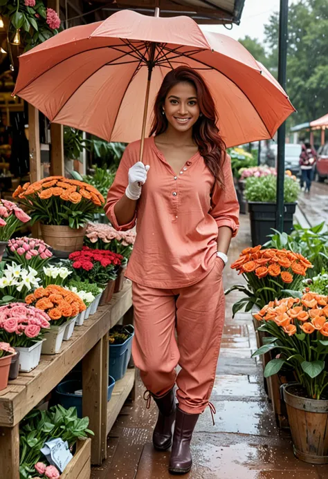 (medium full shot) of (radiant florist) young woman, indian, mahogany skin, brown eyes, voluptuous build, long red french twist hair, wearing a coral linen top, gardening pants, rain boots with floral prints, eyeshadow, gardening gloves, set in  market Stall, vibrant display of flowers in buckets, a wooden counter for transactions, people browsing and buying flowers, a signboard with prices, an umbrella providing shade, woman smiling, ,Masterpiece,best quality, photo, realistic, very aesthetic, detailed face,