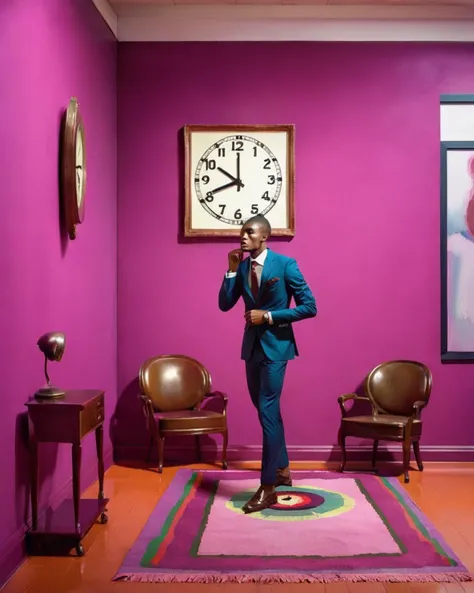 a man in a suit and tie is adjusting his tie is standing in a room with a chair and a clock on the wall, Chinwe Chukwuogo-Roy, complementing colors, a photorealistic painting, by Bea Szenfeld , eggplant color scheme , fashion photography<lora:Color_Fashion_sdxl:1.0>