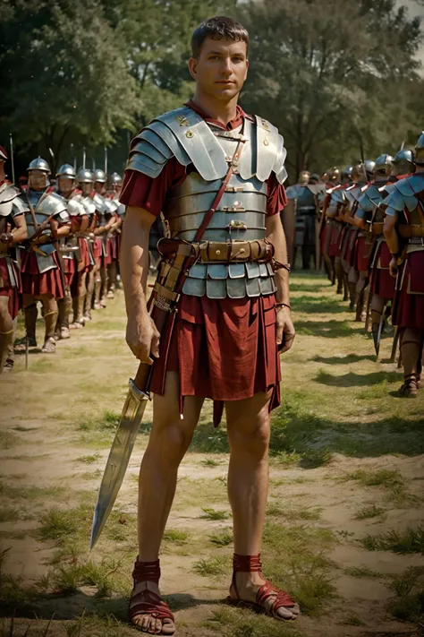 battlefield with Roman army, CFCade is wearing loriseg armor, (red tunic), (red shirt), (sandals), (holding sword), (((full body portrait))), (full body), wide angle, <lora:loriseg:0.7> <lora:fantrome_v3:0.5>  <lora:CFCade:0.8>