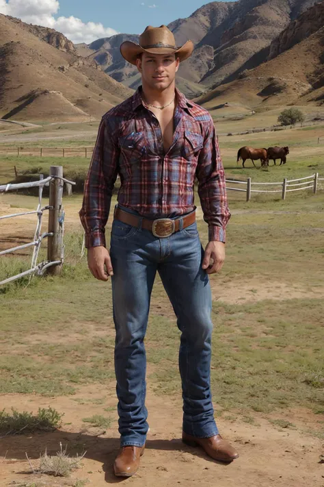 corral fence, water trough, standing, CFCade, slightly smiling, sexycowboy, (brown cowboy hat), (red and blue plaid shirt), denim blue jeans, belt, silver belt buckle, (((full body portrait))), wide angle,  <lora:Clothing - Sexy Cowboy:0.45>   <lora:CFCade:0.8>