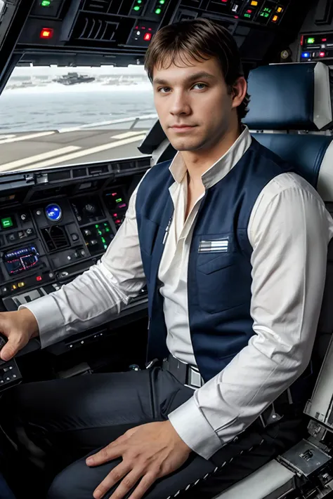 Star Wars, cockpit of the Millennium Falcon, (CFCade), dressed in Han Solo clothing, ((white long sleeve shirt)), ((black sleeveless vest)), ((dark blue pants)), sitting in pilot seat, ((full body portrait)), wide angle <lora:CFCade:0.8> <lora:HNS:0.2>