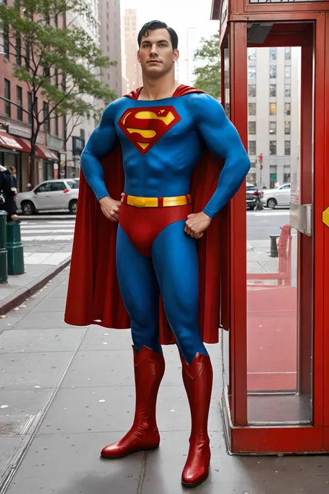 New York city street corner, standing outside American style telephone booth, muscular CFCade, wearing a classic superman suit, slight metallic sheen, red cape, (((full body portrait))), wide angle, looking at the camera <lora:CFCade:0.8> <lora:Superman Classic - Life Like Diffusion:0.70>
