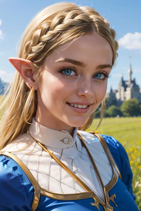 aazelda, long blonde hair, crown braid, hairclip,blue eyes,pointy ears, blue shirt,looking at viewer, smiling,close up portrait, outside, field, castle, blue sky, high quality, masterpiece, <lora:zelda_1:.8>
