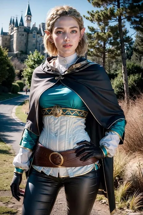 Lara Bauer is a 22-year-old woman, (she stands next to a mighty green dragon), (der Drache liegt auf dem Boden vor einer Burgruine), she wears medieval fantasy clothing, kriegerische Pose, ein Schwert in der Hand, der Darche und sie schauen geradeaus, the scene is dark, Birds and other kites fly in the sky, She has beautiful shoulder-length blonde hair, (gelbbraune blonde Haare), (blonde kleine Augenbrauen), bright grey-green eyes with great details, glattes haar, (eckiges Gesicht: 1.3), (langes Gesicht: 1.4), pretty face, , (Best quality:1.4), (Ultra Highres:1.2), (fotorealistisch:1.4), (8k, RAW-Foto:1.2), lebendige Farben, bunt, hell, bokeh, Frühlingsfarben, Happy, smiling, (hole body: 1.7), Foto aus der Ferne, (Distanzschuss: 1.8), the dragon has big claws, die Schwingen sind nach hinten angelegt, die Augen leuchtend gelb