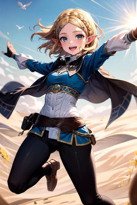 (masterpiece, best quality, detailed), 1girl, solo, aazelda, short hair, crown braid, hairclip, pointy ears, brown cape, blue shirt, puffy sleeves, long sleeves, fingerless gloves, black gloves, black pants, tight pants, looking at viewer,
desert, sand, dust, sun, jumping, outstretched arms, arms up, midair, open mouth, smile