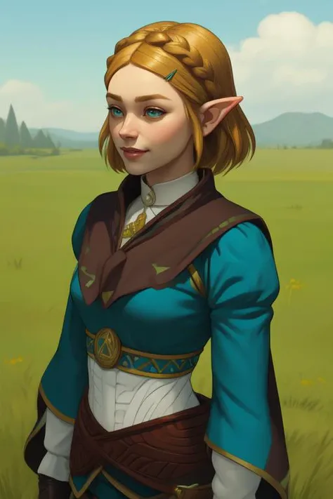 (realistic:1.3), finely detailed, quality, rembrandt lighting, (masterpiece:1.2), (photorealistic:1.2), (best quality), (detailed skin:1.3), (intricate details), dramatic, ray tracing, 1girl, 21 years old, detailed skin texture, (blush:0.5), (goosebumps:0.5), subsurface scattering, smiling, medium breasts, aazelda, short hair, crown braid, hairclip, (pointy ears:1.2), brown cape, turquoise shirt, puffy sleeves, long sleeves, fingerless gloves, black gloves, black pants, tight pants, cowboy shot, (bright sunny day, wide open grassy plain, gentle hill far away, castle far away, sky), vibrant colors, <lora:zelda_1:0.8>