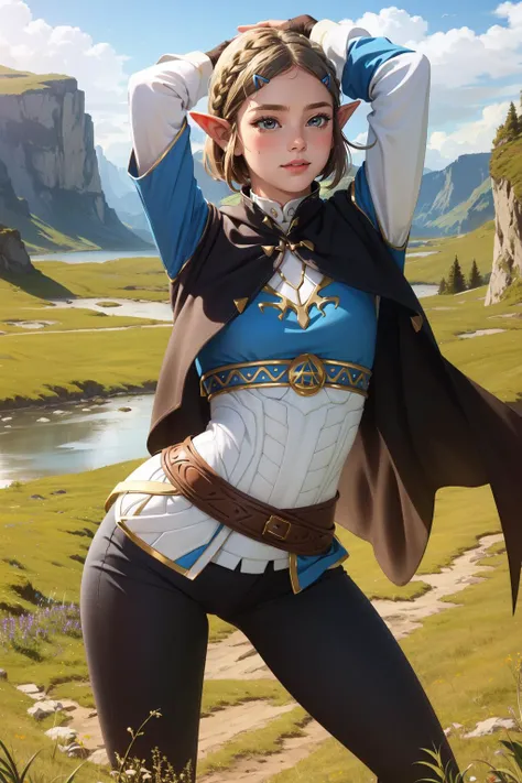 (masterpiece, best quality),  intricate details,
1girl,    <lora:zelda_1:0.8> aazelda, short hair, crown braid, hairclip, pointy ears, brown cape, blue shirt, puffy sleeves, long sleeves, fingerless gloves, black gloves, black pants, tight pants, aazelda, long hair, crown braid, hairclip, pointy ears, blue shirt, long sleeves, fingerless gloves, black gloves, black pants, tight pants
sweating, 
outdoors, grass, meadow, cliffs, stony,