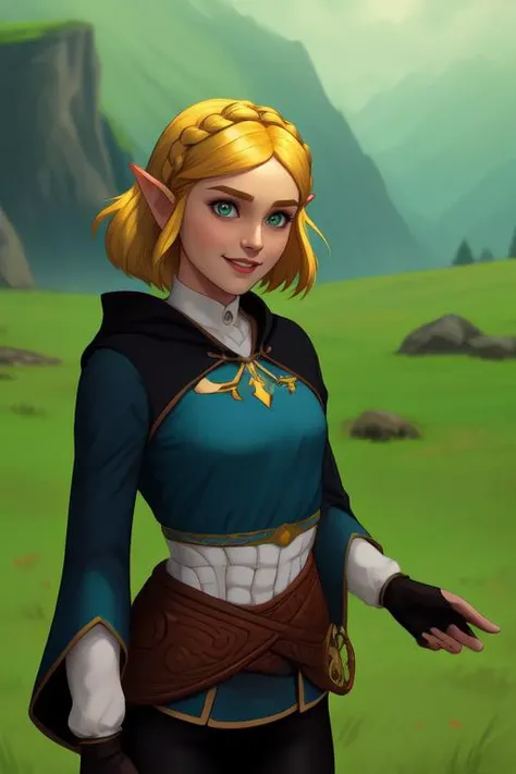 masterpiece, best quality, highres, aazelda, short hair, crown braid, hairclip, pointy ears, brown cape, turqoise shirt, puffy sleeves, long sleeves, fingerless gloves, black gloves, black pants, tight pants, <lora:zelda_1:0.7>, standing, cowboy shot, smile, outdoors, vibrant colors,