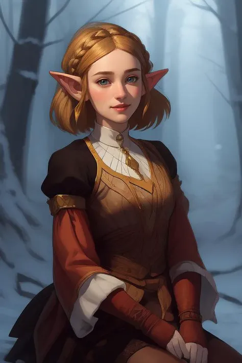 (realistic:1.3), finely detailed, quality, rembrandt lighting, (masterpiece:1.2), (photorealistic:1.2), (best quality), (detailed skin:1.3), (intricate details), dramatic, ray tracing, 1girl, 21 years old, detailed skin texture, (blush:0.5), (goosebumps:0.5), subsurface scattering,
smiling, medium breasts, aazelda, short hair, crown braid, hairclip, (pointy ears:1.2),
santa costume,sitting, puffy sleeves, long sleeves, fingerless gloves, black gloves,
(Winter forest:1.2),(winter:1.2),
vibrant colors, <lora:zelda_1:0.6>