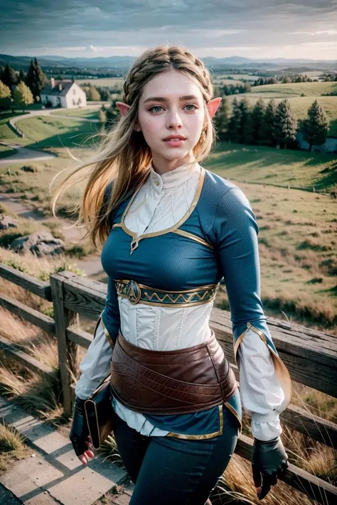 (realistic:1.3), finely detailed, quality, rembrandt lighting, (masterpiece:1.2), (photorealistic:1.2), (best quality), (detailed skin:1.3), (intricate details), dramatic, ray tracing, 1girl, 21 years old, detailed skin texture, (blush:0.5), (goosebumps:0.5), subsurface scattering, smiling, medium breasts, aazelda, long hair, crown braid, hairclip, (pointy ears:1.2), blue shirt, long sleeves, fingerless gloves, black gloves, black pants, tight pants, cowboy shot, (bright sunny day, wide open grassy plain, gentle hills far away, castle far away, sky), <lora:zelda_1:0.8>