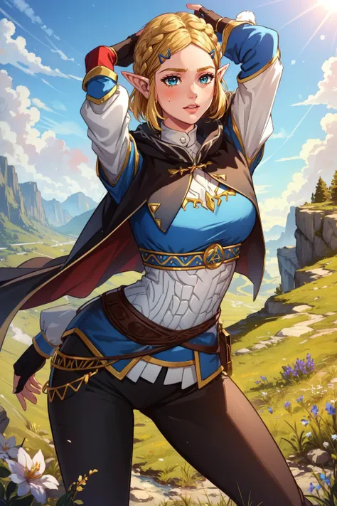 (masterpiece, best quality),  intricate details,
1girl,    <lora:zelda_1:0.8> aazelda, short hair, crown braid, hairclip, pointy ears, brown cape, blue shirt, puffy sleeves, long sleeves, fingerless gloves, black gloves, black pants, tight pants, aazelda, long hair, crown braid, hairclip, pointy ears, blue shirt, long sleeves, fingerless gloves, black gloves, black pants, tight pants
sweating, 
outdoors, grass, meadow, cliffs, stony,