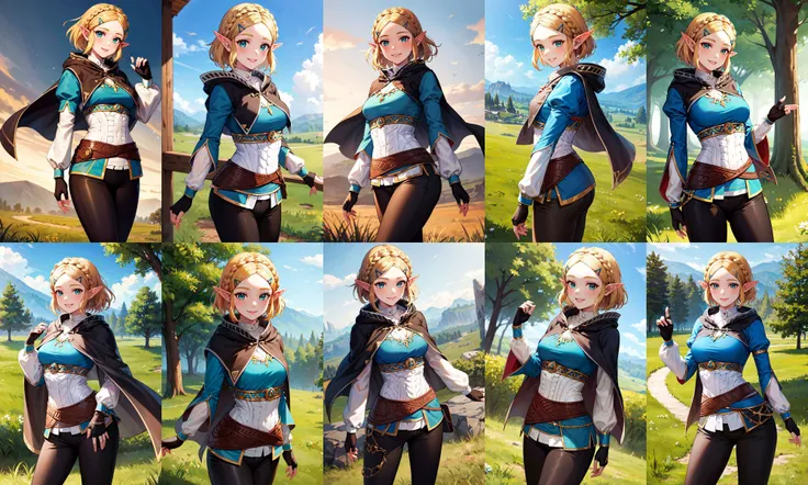 masterpiece, best quality, highres, aazelda, short hair, crown braid, hairclip, pointy ears, brown cape, blue shirt, puffy sleeves, long sleeves, fingerless gloves, black gloves, black pants, tight pants, <lora:zelda_1:0.7>, standing, cowboy shot, smile, outdoors,