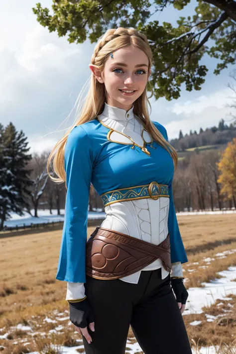 aazelda, long blonde hair, crown braid, hairclip,blue eyes, blue shirt, long sleeves, black pants, fingerless gloves, looking at viewer, smiling, medium shot, standing, outside, field, grass, snow, trees, winter, overcast, high quality, masterpiece,  <lora:zelda_1:.8>