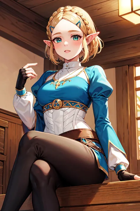 masterpiece, best quality, highres, aazelda, short hair, crown braid, hairclip, pointy ears, blue shirt, puffy sleeves, long sleeves, fingerless gloves, black gloves, black pants, tight pants, <lora:zelda_1:0.7>, indoors, sitting, crossed legs,