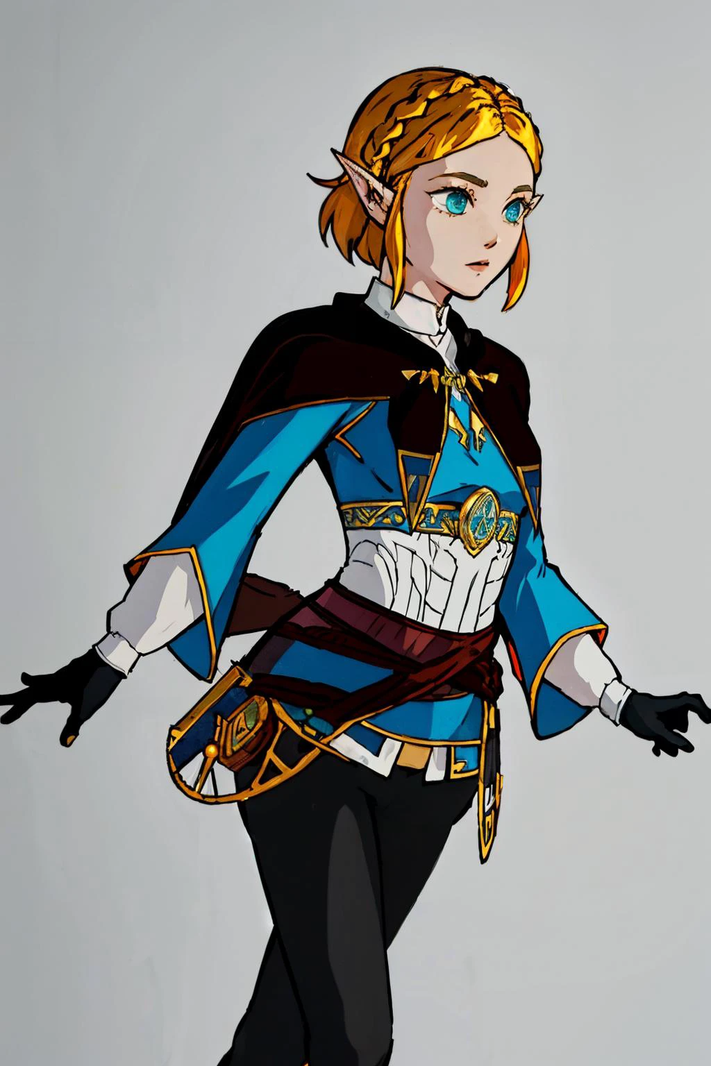 <lora:Style_of_the_Winds:0.8> <lora:zelda_1:0.8> aazelda, short hair, crown braid, hairclip, pointy ears, brown cape, blue shirt, puffy sleeves, long sleeves, fingerless gloves, black gloves, black pants, tight pants, aazelda, long hair, crown braid, hairclip, pointy ears, blue shirt, long sleeves, fingerless gloves, black gloves, black pants, tight pants, masterpiece, best quality, CG, wallpaper, HDR, high quality, high-definition, extremely detailed
