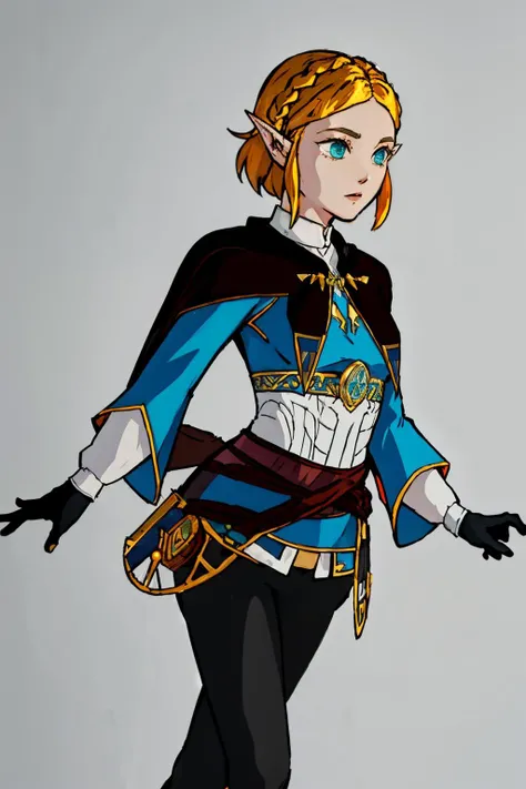 <lora:Style_of_the_Winds:0.8> <lora:zelda_1:0.8> aazelda, short hair, crown braid, hairclip, pointy ears, brown cape, blue shirt, puffy sleeves, long sleeves, fingerless gloves, black gloves, black pants, tight pants, aazelda, long hair, crown braid, hairclip, pointy ears, blue shirt, long sleeves, fingerless gloves, black gloves, black pants, tight pants, masterpiece, best quality, CG, wallpaper, HDR, high quality, high-definition, extremely detailed