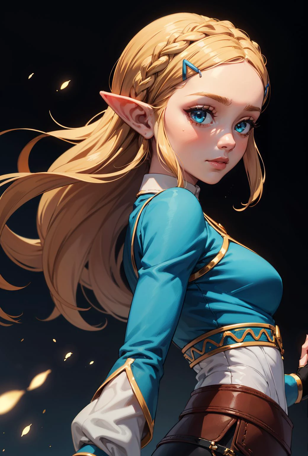 1girl, masterpiece, closeup, portrait, beautiful female, from below,
<lora:zelda_1:0.7> aazelda, long hair, crown braid, hairclip, pointy ears, blue shirt, long sleeves, fingerless gloves, black gloves, black pants, tight pants,
abstract background, <lora:add_detail:0.2>,