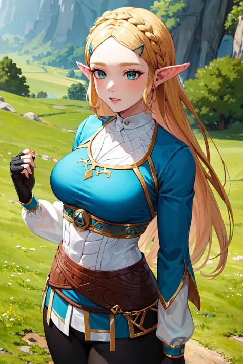 (((zelda from the legend of zelda))), Artwork, best quality, high resolution, aazelda, short hair, crown braid, hair clip, Pointy ears, brown cape, blue shirt, puff sleeves, long sleeves, fingerless gloves, black gloves, black pants, tight pants , standing, cowboy shot, smile, outdoors, high quality, 35mm photography, film grain , Bokeh, Professional, (sensual pose), ((viewer looking from below)), (very kawai), (perfect), (cute anime), 4k high definition, (giant breasts), (cleavage), ((showing breasts)), (breasts shining)