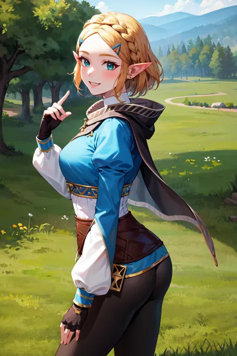 masterpiece, best_quality, 1girl, solo, princess zelda, nintendo, the legend of zelda, botw, totk, short hair,  blue shirt, black legwear, leggings, black pants