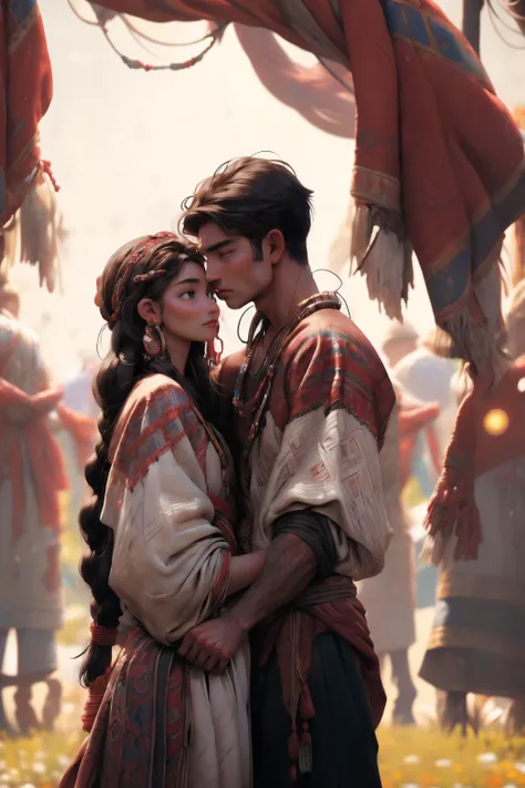 (man and woman, couple:1.3), standing in a busy crowded bizaare <lora:Mixed ethnic clothing FOLK_v1.0:1> (folk, jewelry, braid, wide sleeves) (Style-DoF:1.5) (Style-EMCG:0.7) (Style-GHL:1.3) (Style-Interact:0.8), (masterpiece) (best quality) (detailed) (8k) (cinematic lighting) (sharp focus) (intricate) (HDR)