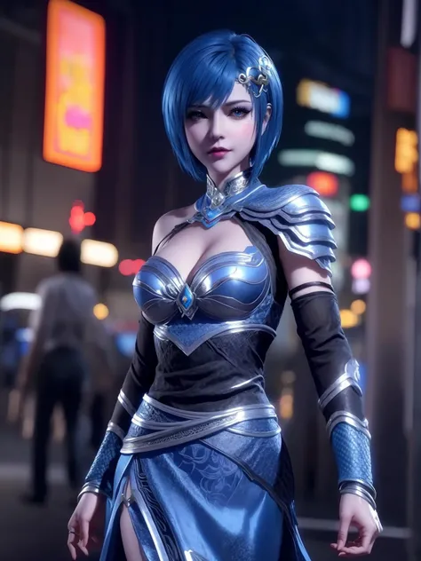 <lora:DLDLmengyiran_20230728210423:0.75>,1girl,mature female, cityscape, night,looking at viewer, hair ornament, short hair, makeup, armor,black shoulder armor,scale armor, cowboy shot, blue hair,dress,facial mark, jewelry,