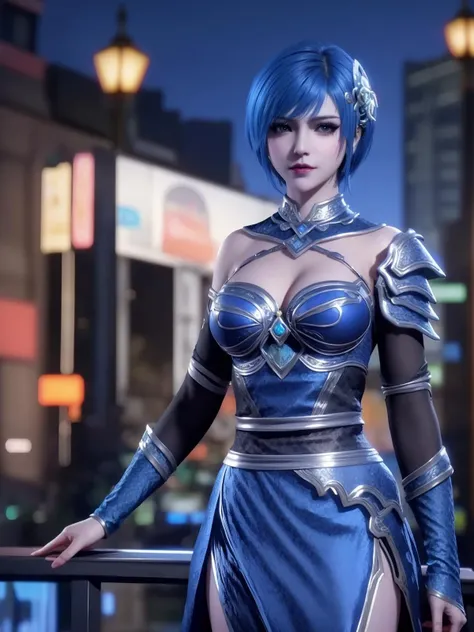 <lora:DLDLmengyiran_20230728210423:0.75>,1girl,mature female, cityscape, night,looking at viewer, hair ornament, short hair, makeup, armor,black shoulder armor,scale armor, cowboy shot, blue hair,dress,facial mark, jewelry,