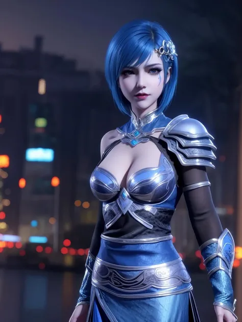 <lora:DLDLmengyiran_20230728210423:0.75>,1girl,mature female, cityscape, night,looking at viewer, hair ornament, short hair, makeup, armor,black shoulder armor,scale armor, cowboy shot, blue hair,dress,facial mark, jewelry,