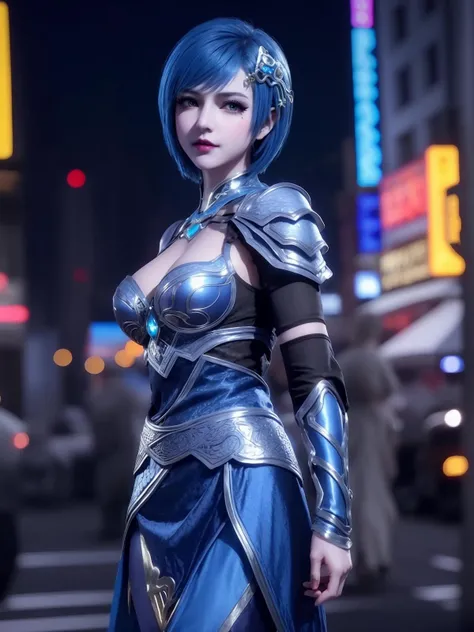 <lora:DLDLmengyiran_20230728210423:0.75>,1girl,mature female, cityscape, night,looking at viewer, hair ornament, short hair, makeup, armor,black shoulder armor,scale armor, cowboy shot, blue hair,dress,facial mark, jewelry,