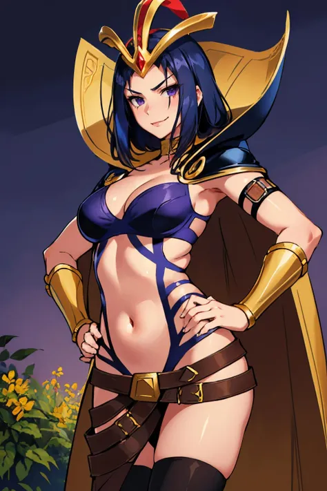masterpiece, best quality, <lora:leblanc-nvwls-v1:0.9> defleblanc, tiara, cape, revealing clothes, midriff, belt, bracers, thighhighs, purple background, gradient background, hands to hips, smirk, furrowed brow, night, outdoors, garden
