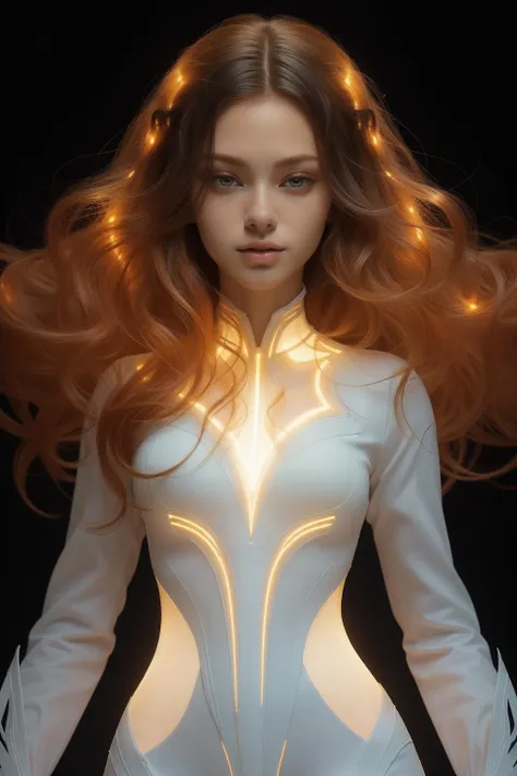 (masterpiece, top quality, best quality, official art, rich details),solo,full body,a 20 yo woman in white office suit,transparent hair,glowing body,inner luminous body,simple background,black background,look at viewer,long hair,orange hair,closed mouth,colored skin,eyelashes,<lora:luminous body:0.7>,