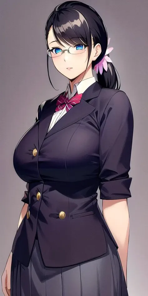 high ponytail,
(school uniform:1.28),  
lady,mature female, cowboy shot,
(white background,simple background:1.18),
highres,official art,original,masterpiece,best quality,
(huge breasts:0.8),
<lora:ast:0.6>