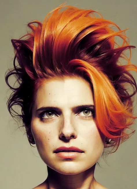 portrait of sks woman by Flora Borsi, style by Flora Borsi, bold, bright colours, orange Mohawk haircut, ((Flora Borsi)), <lora:locon_lake_v1_from_v1_64_32:1.4>