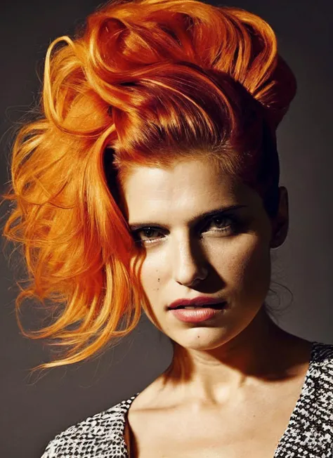 portrait of sks woman by Flora Borsi, style by Flora Borsi, bold, bright colours, orange Mohawk haircut, ((Flora Borsi)), <lora:locon_lake_v1_from_v1_64_32:1.4>