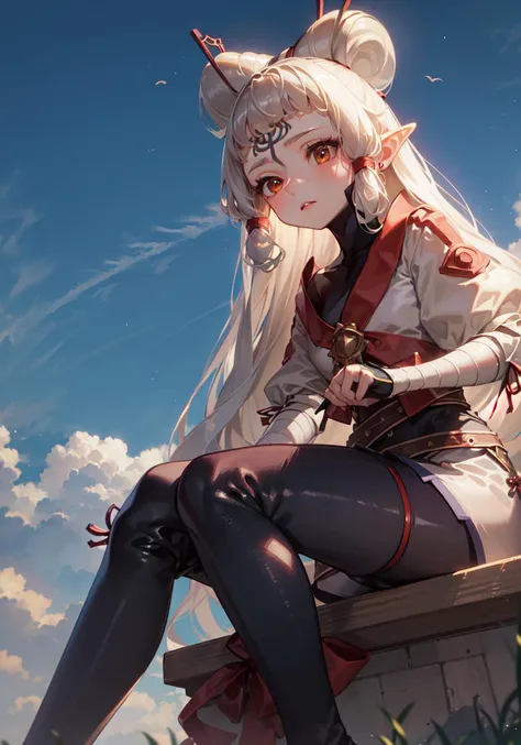masterpiece, best quality, high resolution,
 1girl, solo, Impa, YoungOutfit, sitting, from below,  
 <lora:Zeldaimpav2:0.8>