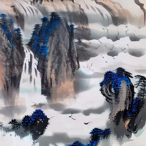 ((materpiece)), ((best quality)), ((high-res)), ((Ink wash)), ((artist)), a painting of longly mountain and pine_tree, branch, no_humans, outdoors, scenery, birds, waterfall, indigo paint, cloud, zulishisong_style_mountains, bare tree <lora:zulishisong:1>