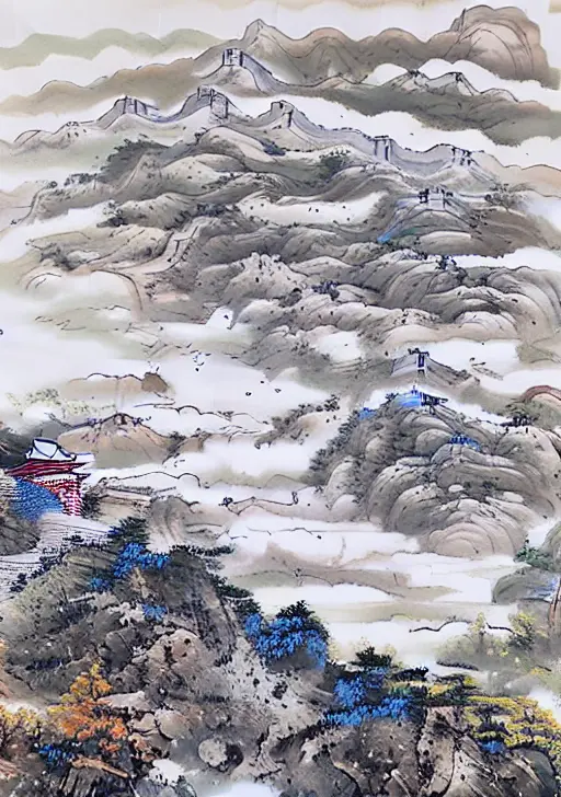 ((materpiece)), ((best quality)), ((high-res)),((extremly details)), ((Ink wash)), ((artist)), a paint of huge greatwall landscope with blurred distance scenery, zulishisong_style_great_wall, top margin, ((blurred background)), white space, birds,cloud, forest, landscape, mountain, nature, no_humans, no_houses, outdoors, scenery, sky, tree, chinese ancient paint,no_humans, outdoors, scenery, indigo paint, ((zulishisong_style_mountains)), <lora:zulishisong:1>