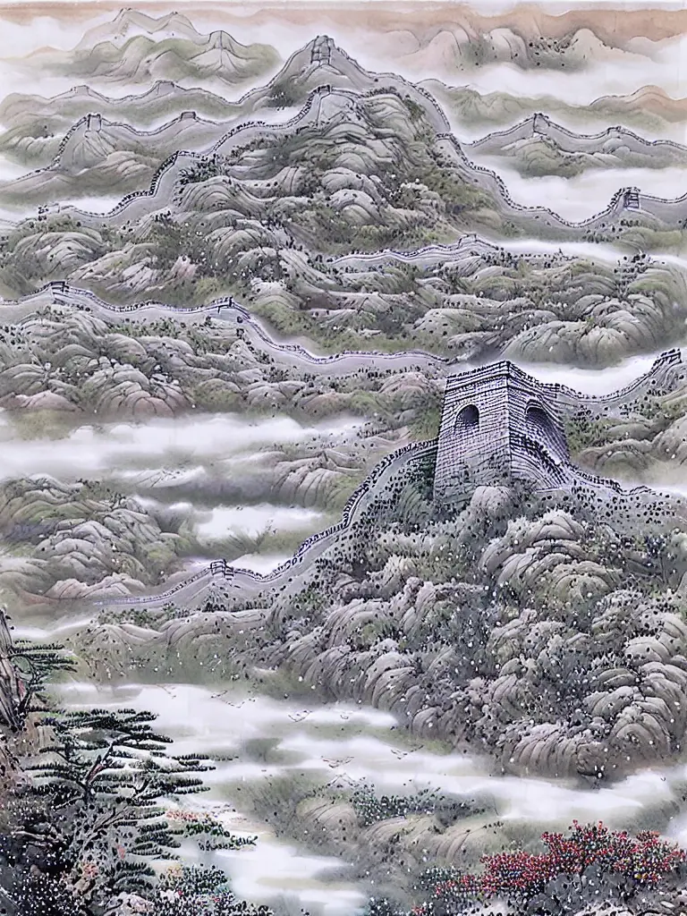 ((materpiece)), ((best quality)), ((high-res)),((extremly details)), ((Ink wash)), ((artist)),a painting of a great wall landscope with spectacular mountains, cloud, forest, landscape, mountain, nature, no_humans, no_houses, outdoors, scenery, sky, tree, grass, <lora:zulishisong:1>