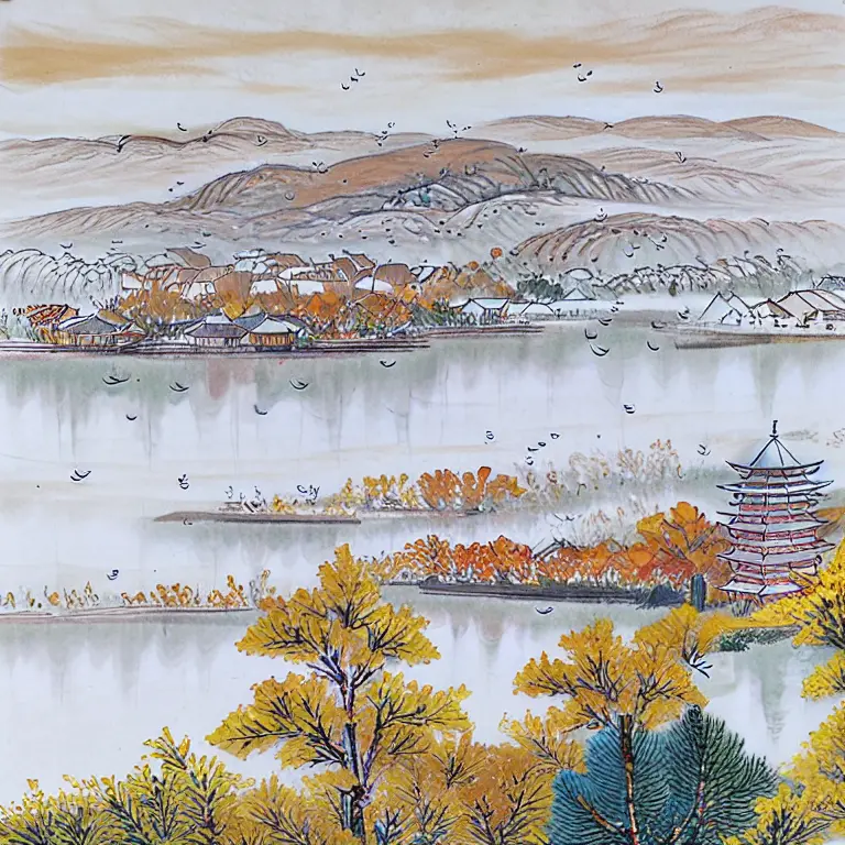 ((materpiece)), ((best quality)), ((high-res)), ((Ink wash)), ((artist)), ((extremly details)), a chiniese tower, autumn, golden trees, autumn_leaves, birds chinese painting, leaf, maple_leaf, mountain, lake, mountainous_horizon, no_humans, outdoors, scenery, sky, sunset, tree, zulishisong_style_willow_tree, blurred distant scenery, <lora:zulishisong:1>